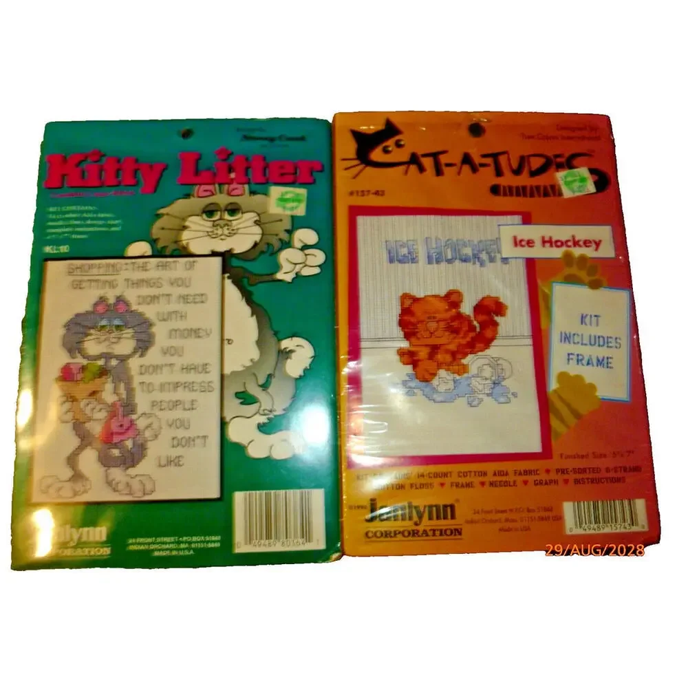 Cross Stitch Kit Lot Kitty Litter Ice Hockey Counted Embroidery 157-43 Excellent